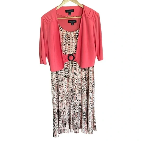 Perceptions Women’s Size L 2-Piece Dress Jacket Set Coral Print Career Church - Picture 3 of 12